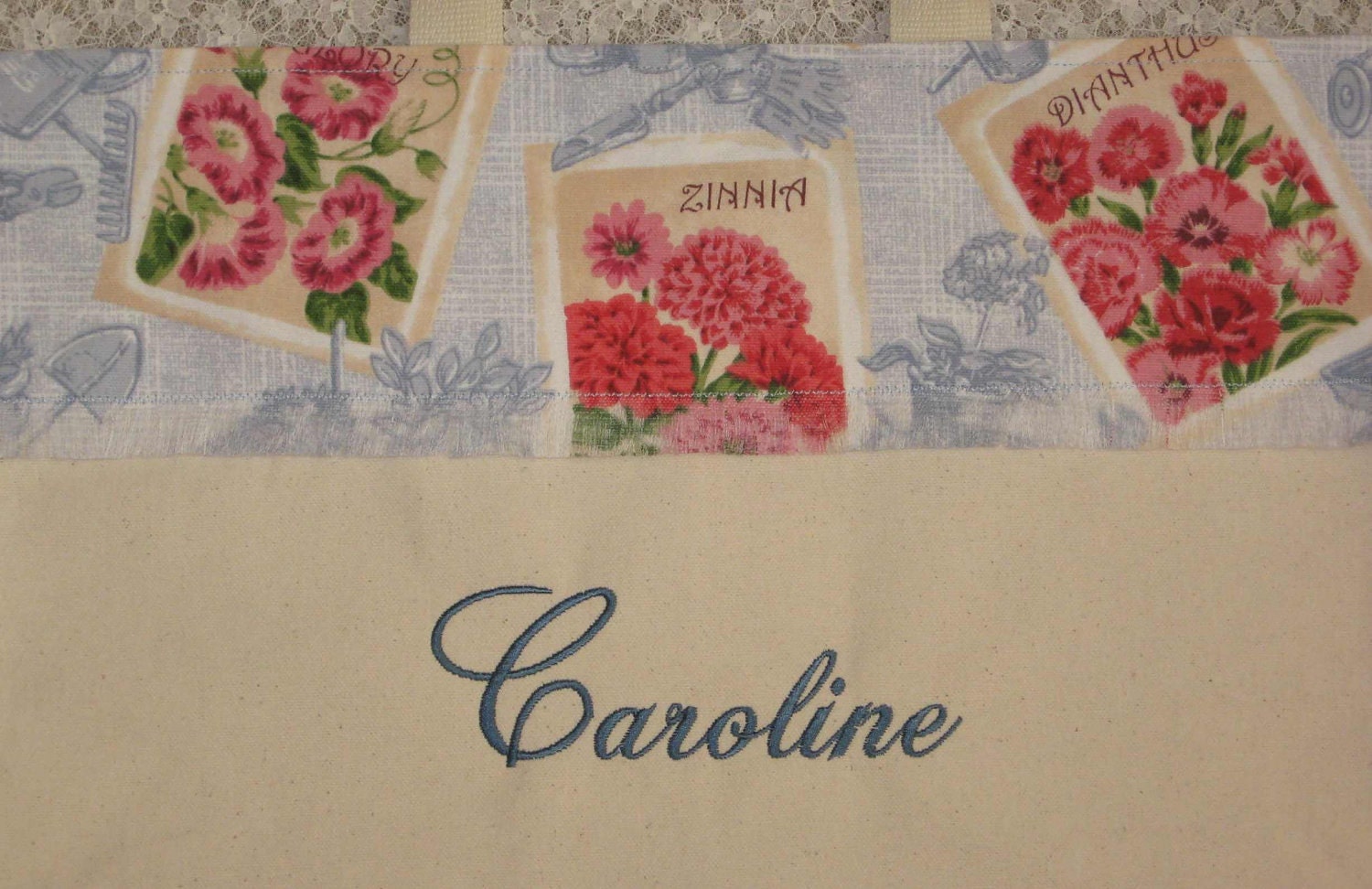 Garden lover personalized shabby chic vintage fabric tote bag large canvas gifts for gardeners gift birthday florist flower shop