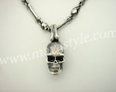 Solid Sterling Silver Skull Bone Biker Pendant Necklace