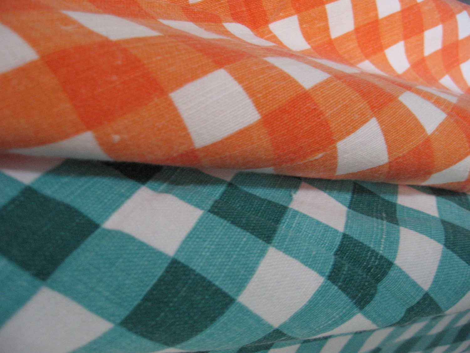 Two handmade vintage gingham linen tablecloths teal and tangerine 4 x 6