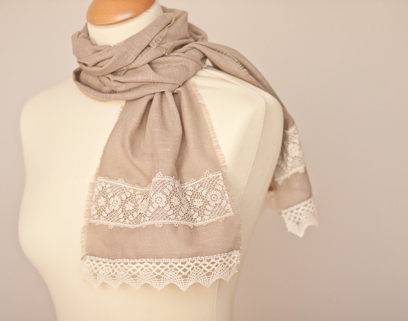 Linen Scarf Vintage French Lace Natural Taupe Beige milk chocolate Eco Friendly summer boho neutral OOAK