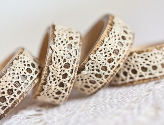 Napkin Rings Organic Bamboo Vintage French Lace Beige Set of Four OOAK Holiday Home Decor  teamcamelot tbteam elitett