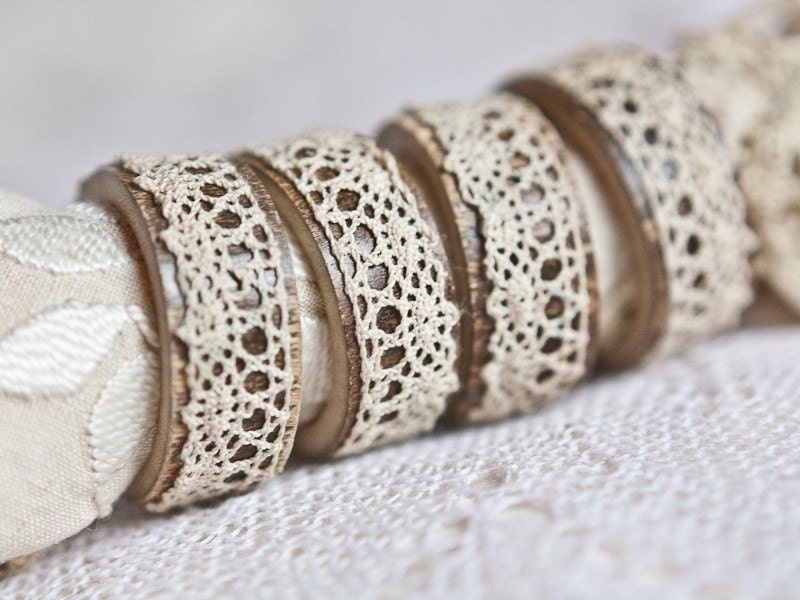 Napkin Rings Organic Bamboo Vintage French Lace Beige Set of Four OOAK Holiday Home Decor  teamcamelot tbteam elitett