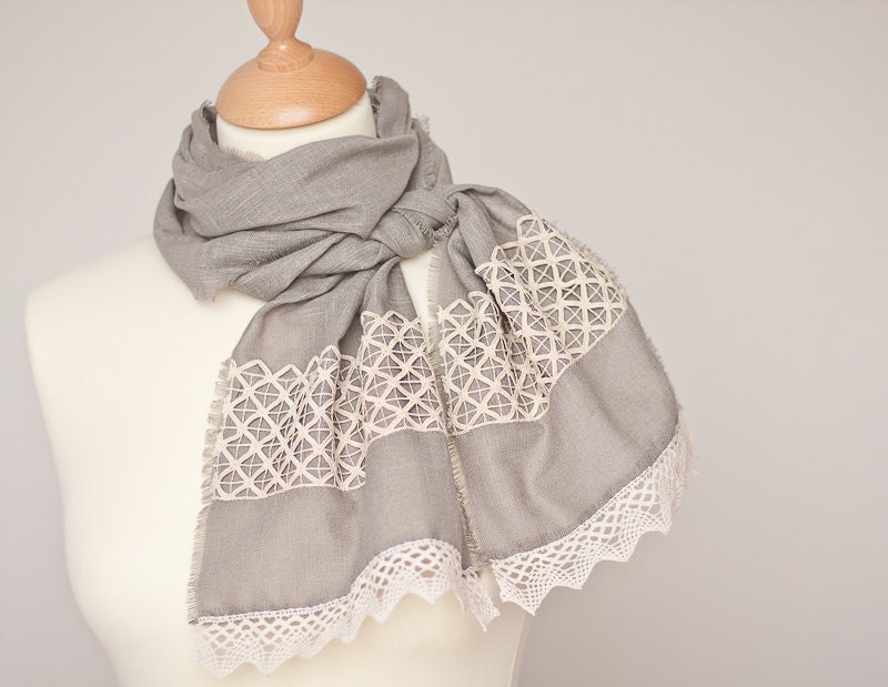 Linen Scarf Vintage French Lace Eco Friendly Natural Gray Beige summer boho neutral OOAK