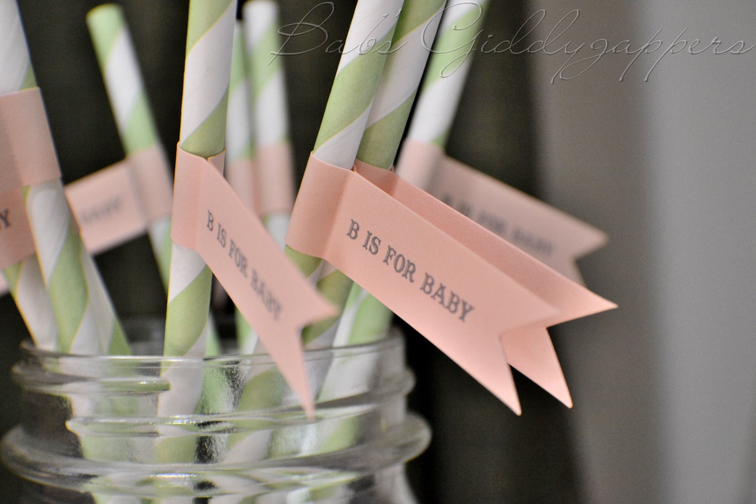 Green and White Stripe Straws with Flag
