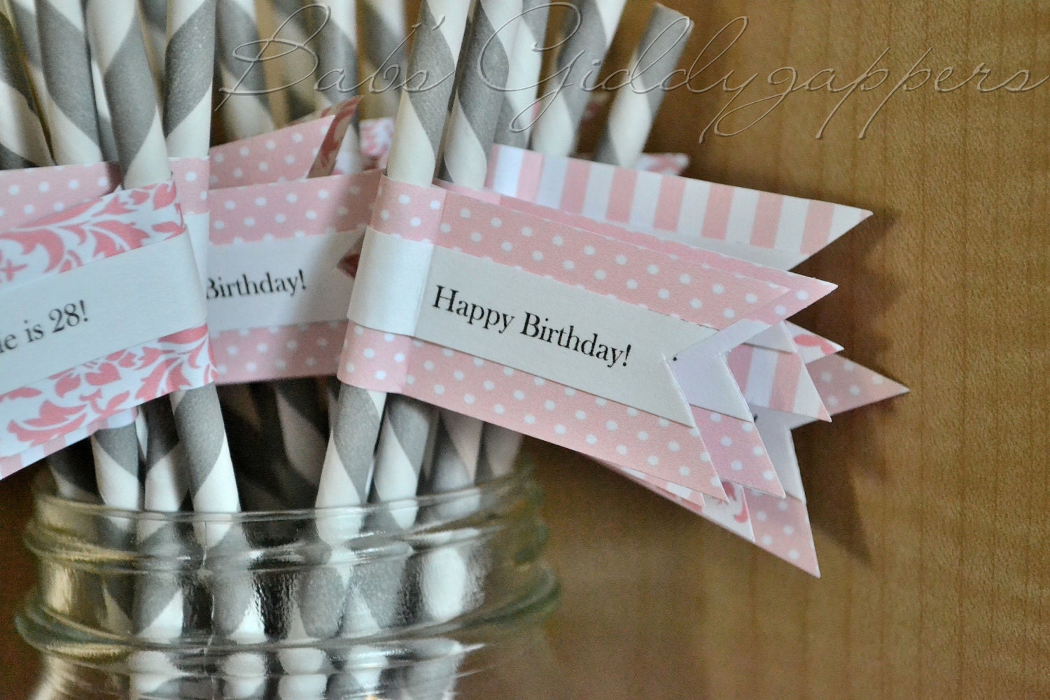Grey Drinking Straws with Pink Flags