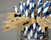 Navy and White Stripe Straws with Kraft Flags