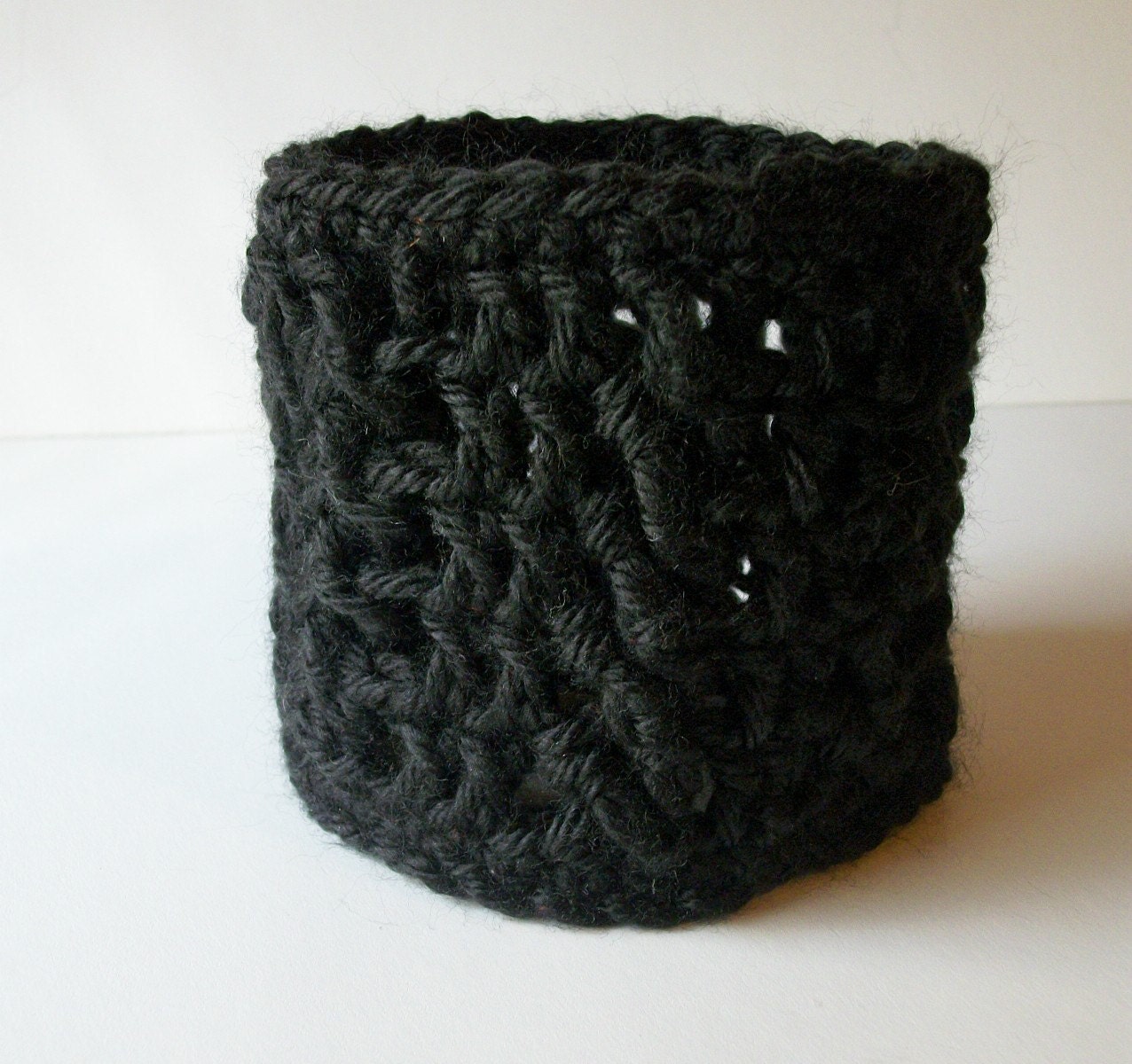 Black Coffee Cup Cozy/ Wrist Band Cables Lace Handmade Crochet Ready To Ship
