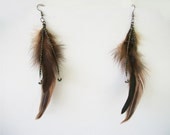 Beaded Feather Earrings Brown and Green Seed Bead Jewelry Earth and Air Shoulder Dusters