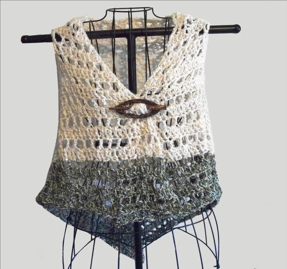 Lace Shawl Cream/ Off White And Ivy Green Crochet Shawl Cotton Blend Triangle Shape