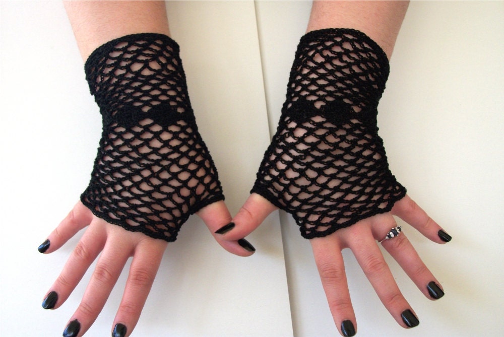 Goth Black Fishnet Gloves Lace Fingerless Gloves Black Gloves Crochet With Diamond Geometric Accent