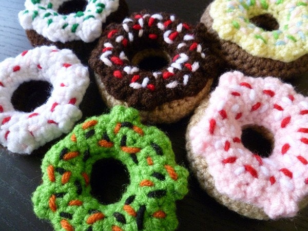 Mini Donuts with Rainbow Sprinkles - set of three crocheted cat toys