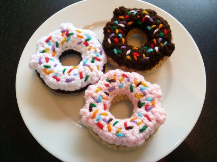 Mini Donuts with Rainbow Sprinkles - set of three crocheted cat toys