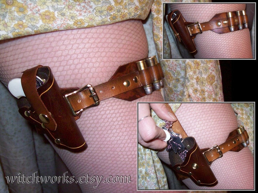 Brown Leather Steampunk Derringer Holster Leg Garter w/ Bullets -Made to Order-
