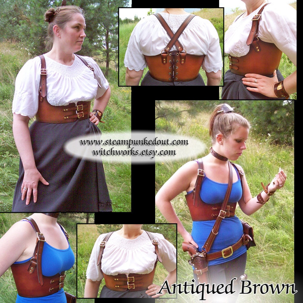 Steampunk Leather Under Bust Harness in Antiqued Brown, Black, or Plain Brown -Made to Order-