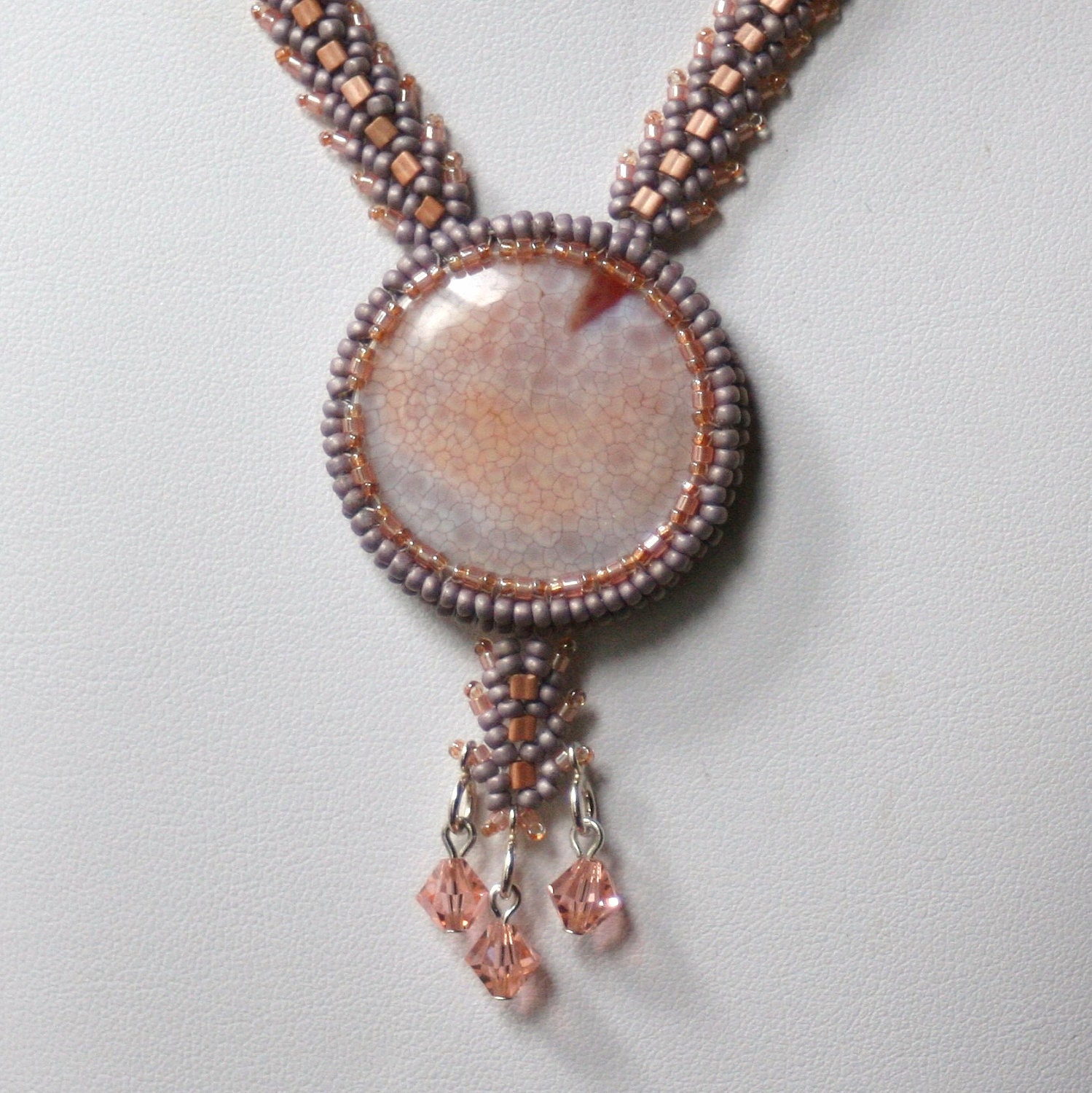 Fire Agate in Lilac and Peach Beadwoven Necklace