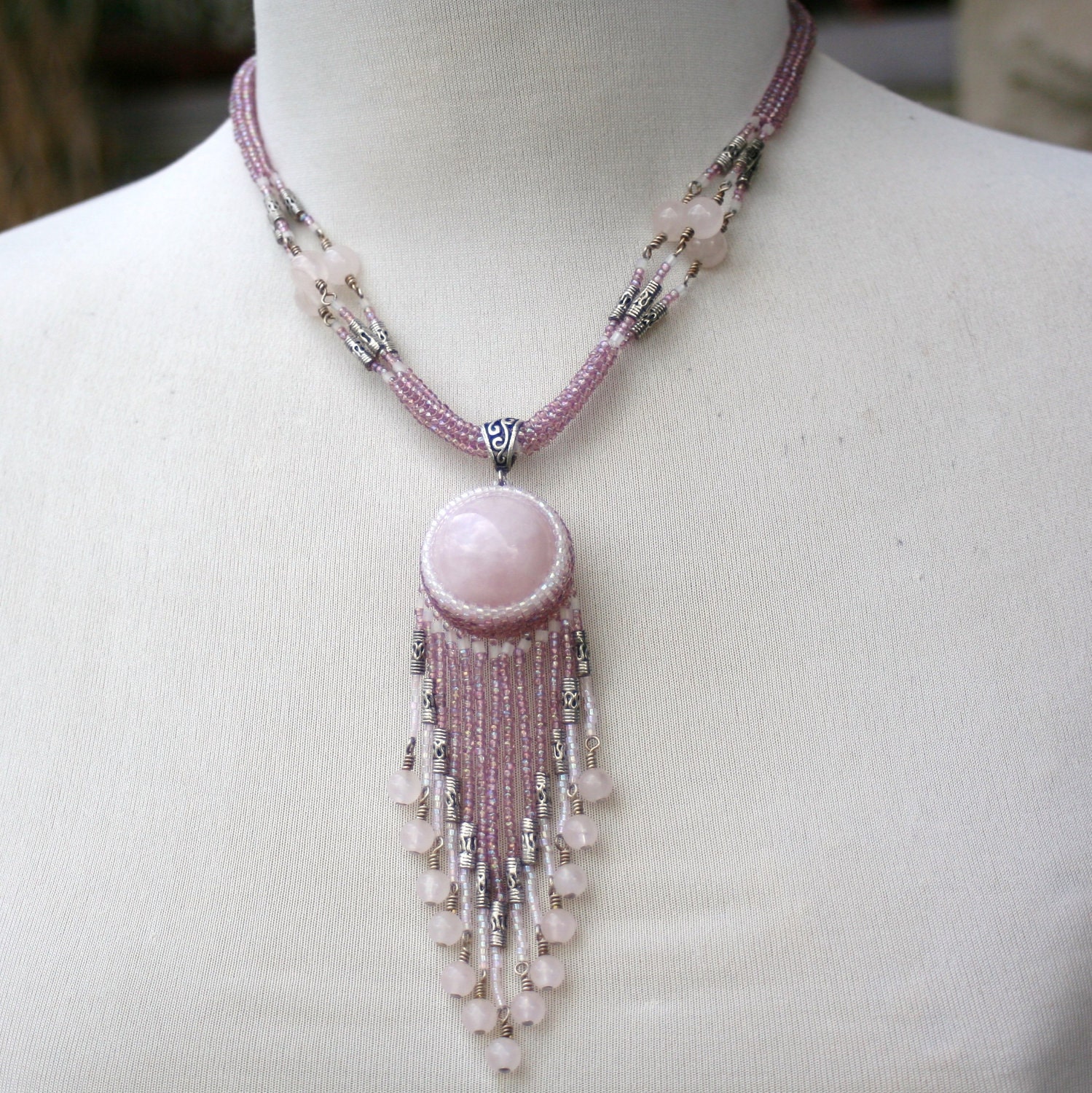 Rose Quartz Sphere Necklace with Lavender AB and White seed beads, accented with Sterling Silver