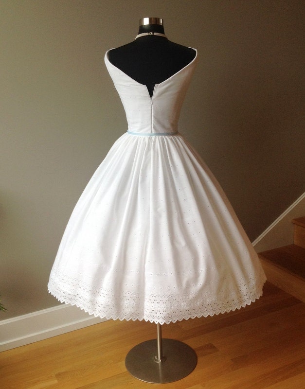 Tea Length Wedding Dress PRIMROSE, Cotton Eyelet Dress, Off Shoulder