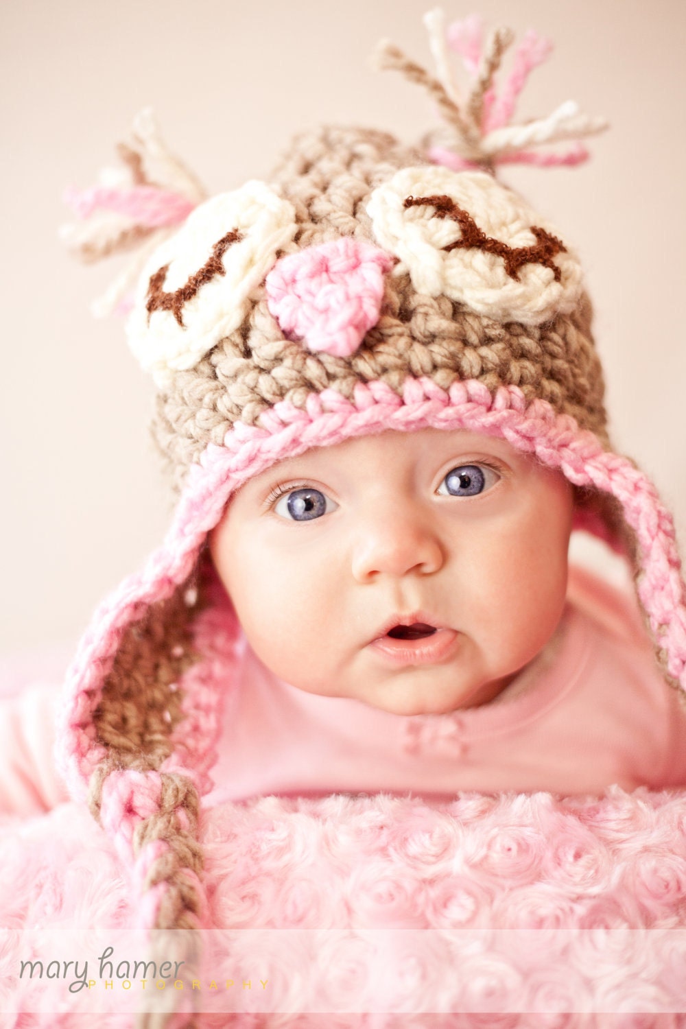Owl Owlette Hat in beige and pink crochet-Sleeping Owl Earflaps Baby, Toddler Crochet Hat