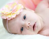 Shimmery Sherbet  Pink Flower  on a Skinny or Shiny Pink Elastic Headband (Newborn, Toddler, Child) Interchangeable