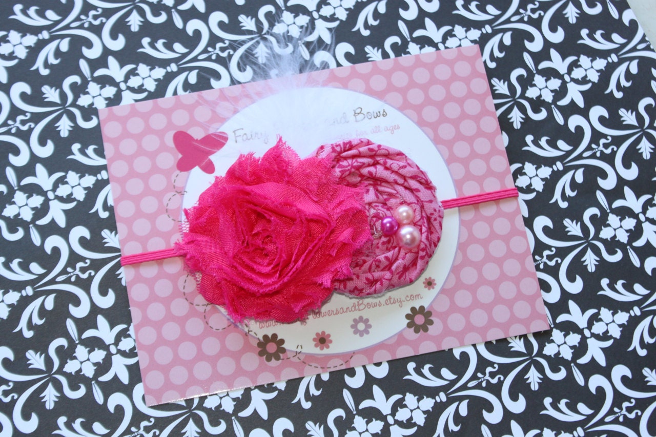 Shabby Chic Pink and Hot Pink  Skinny Headband  with Feathers  (Newborn, Toddler, Child)