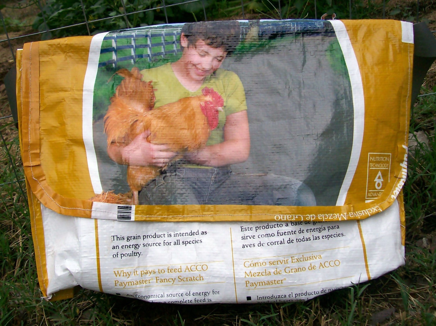 Yellow Chicken Feed Bag Recycled and Upcycled into a Messenger Shopping Market Tote Bag or Purse