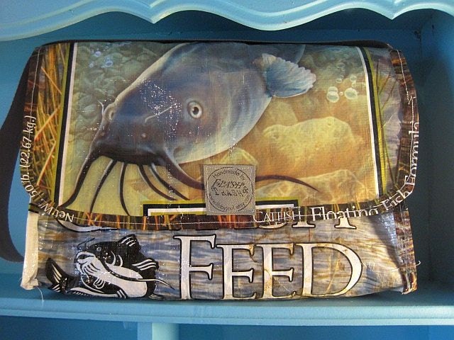 Grey Gray Green and Brown Catfish Recycled Upcycled Feed Sack turned into a Messenger Shopping Diaper Tote Bag or Purse