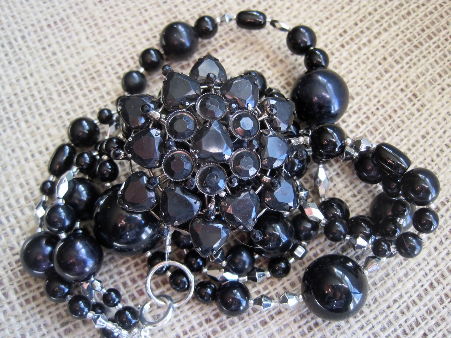 Upcycled Vintage Jewelry Black and Silver MultiLayered Statement Necklace