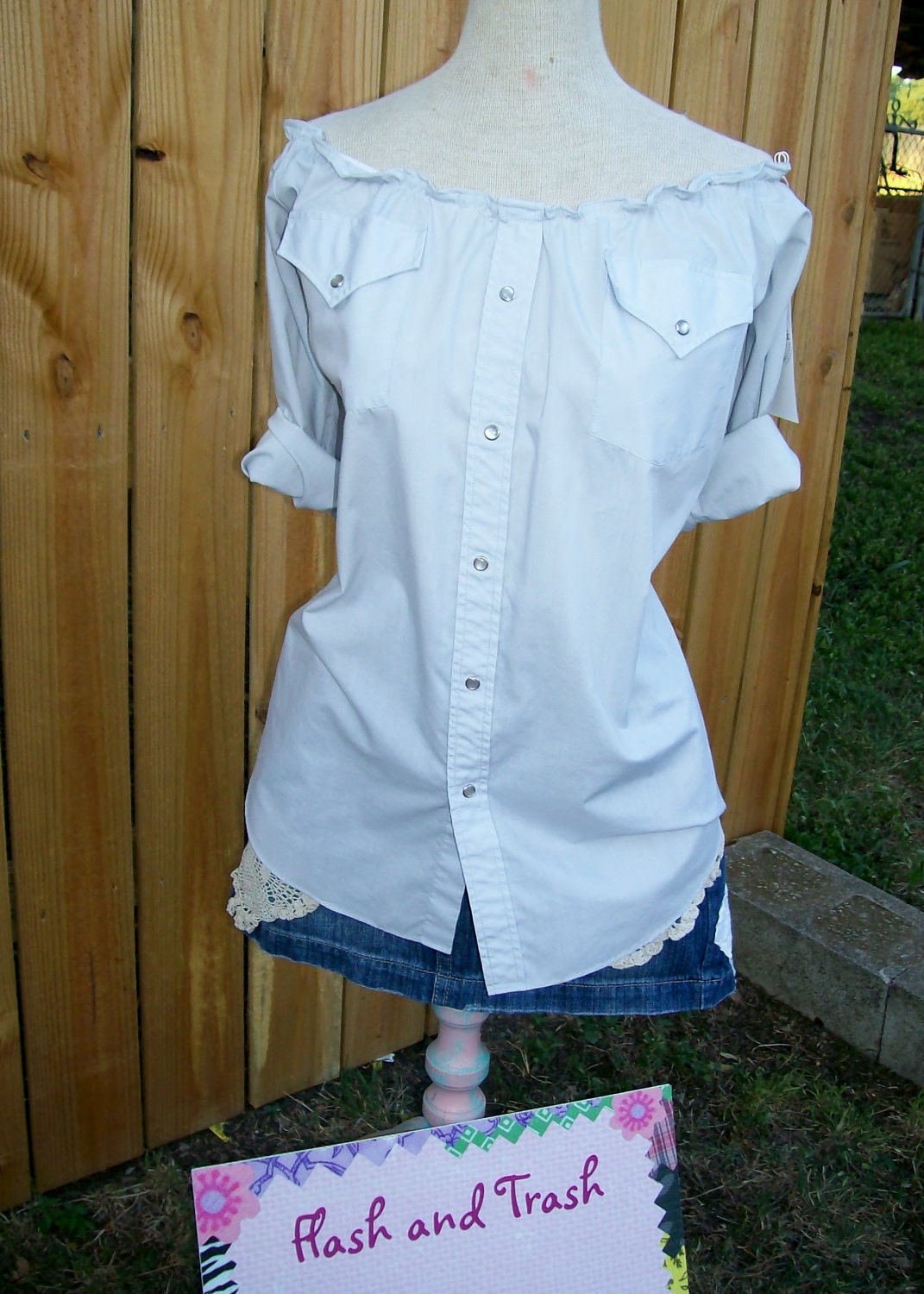 Upcycled Recycled Western Pearl Snap Shirt  Peasant Blouse Grey