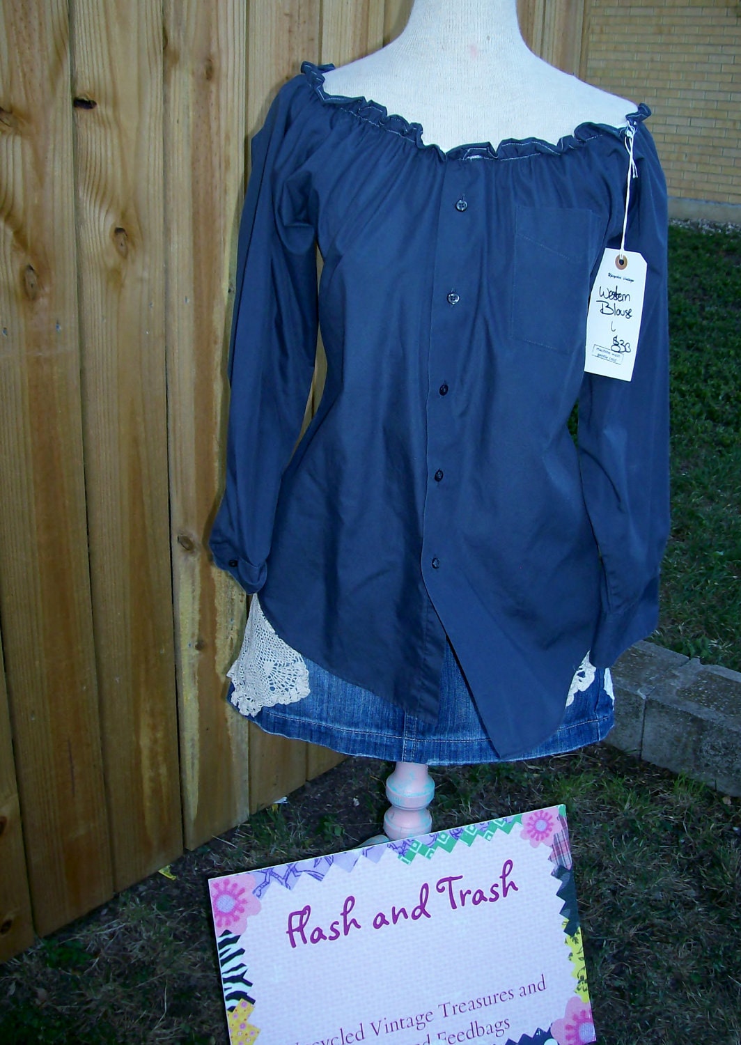Upcycled Recycled Western Pearl Snap Shirt Peasant Blouse Black