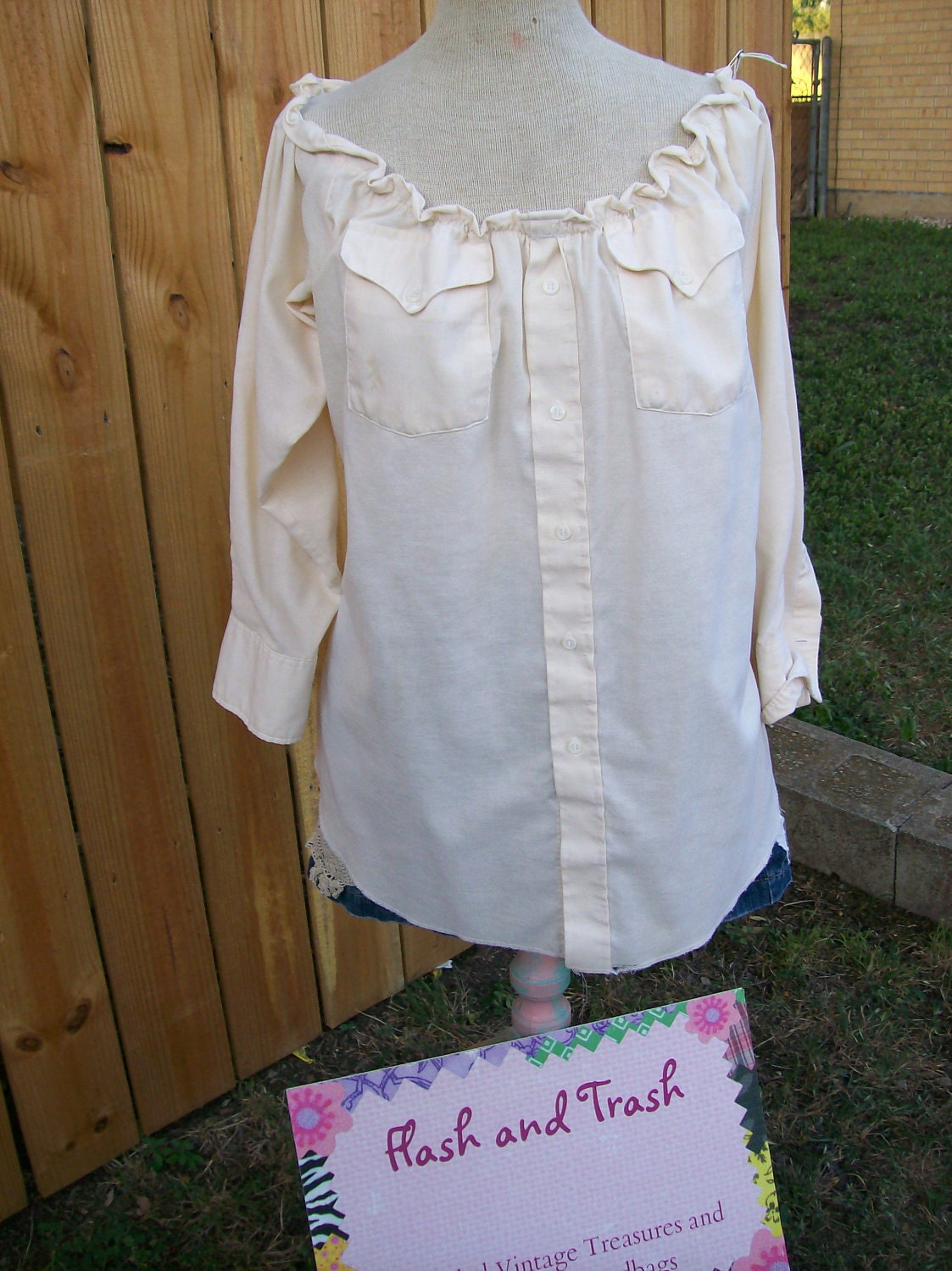 Upcycled Recycled Western Pearl Snap Shirt  Peasant Blouse Cream Off White