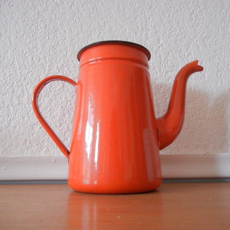 Orange Enamel Teapot, Pitcher, Unique Vase
