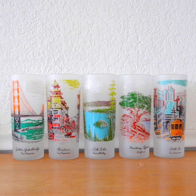 Libbey California Glasses, Tall Frosted Souvenir Ice Tea Glasses, Barware, Set of 5