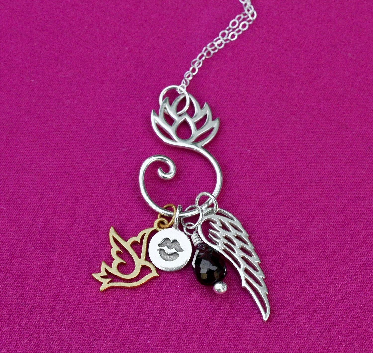 Wings of Caroline Necklace- w/ Lotus, Dove, Angel's Wing, & Kiss Charms