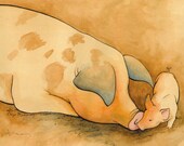 Mother sow and baby piglet in warm sienna and sepia tones - Art Reproduction (Print) - "Nuzzle"