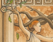 Wood Nymph, or Dryad, dancing with an oak tree with Greek styled border - Art Reproduction (Print) - "Dryad"