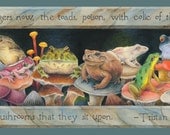 Bookmark - Toads and frogs sitting on exotic mushrooms with Tristan Corbière quote - "A Host of Toads" - GREAT gift for reader