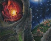 Red mother dragon protects a golden glowing egg, in the distance a village burns under a full moon - Art Reproduction (Print) - "Maternal"
