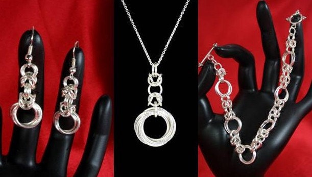Bundle:  Byzantine Rose Chainmail Pendant, Bracelet, & Earrings, Allergy free and Handmade with Sterling Silver