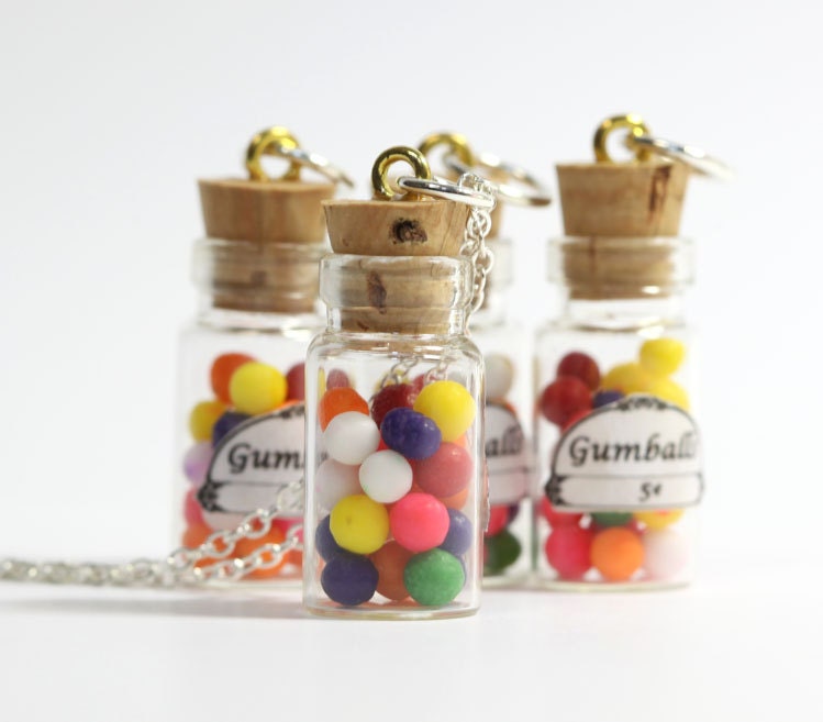 Miniature Gumball Necklace - gumballs in glass bottle vial pendant charm