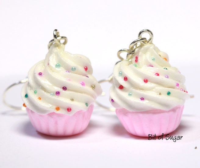Pink Cupcake Earrings with Rainbow Sprinkles - Cute, kawaii fake miniature food jewelry
