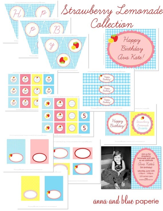 Custom Strawberry Lemonade Birthday - PRINTABLE diy Party Collection - by anna and blue paperie Il_570xn