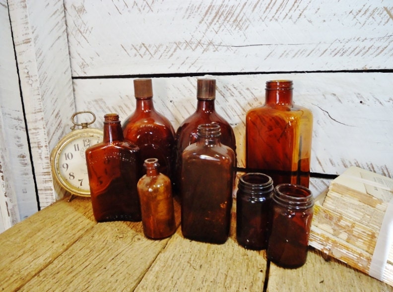 Vintage Amber APOTHECARY Bottles & Salvaged Jars - Set of 8 - Instant Collection