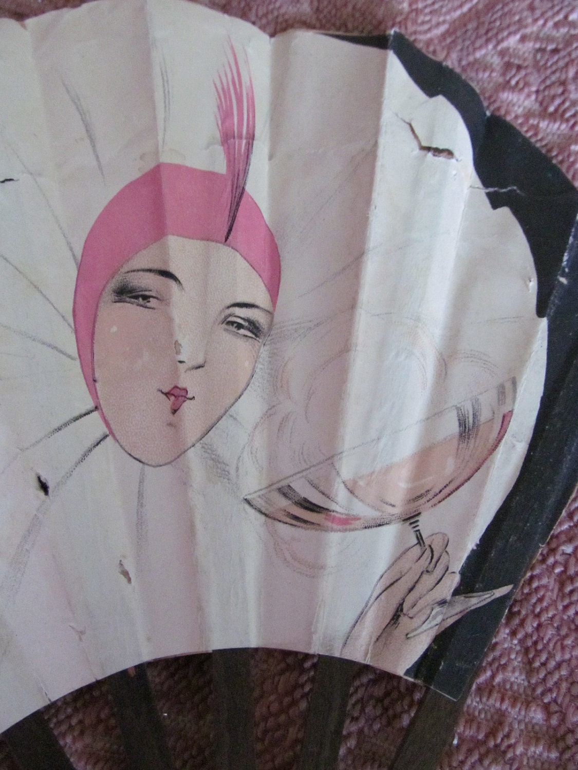 Antique French 20's Art Deco flapper fan - Brasserie Universelle - Paris France