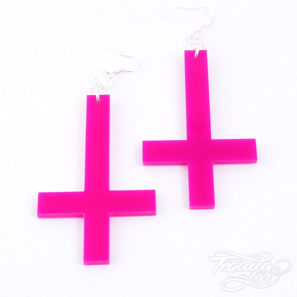 Large Inverted Cross Earrings. HOT PINK