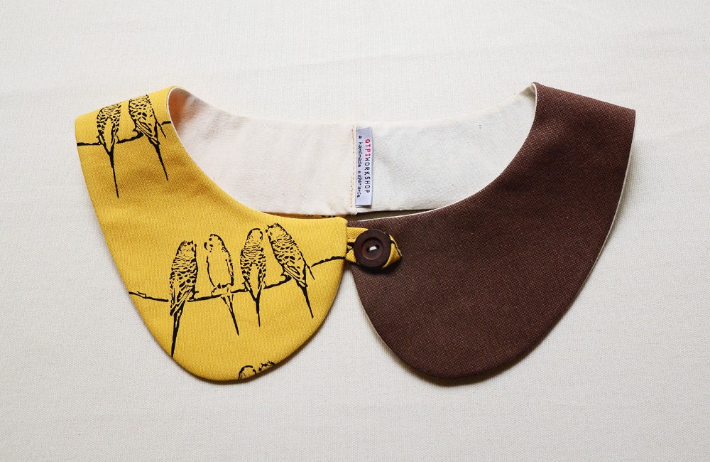 peterpan collar - birds - Mustard and Brown - qtpiworkshop
