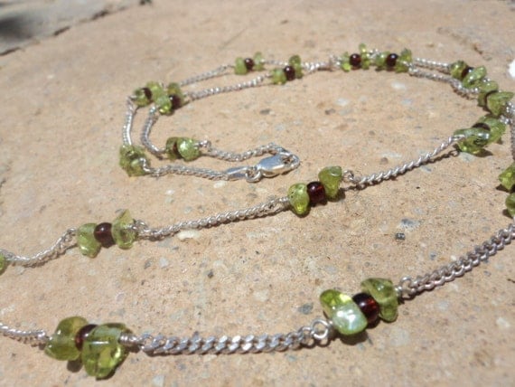 Long peridot and garnet sterling silver necklace