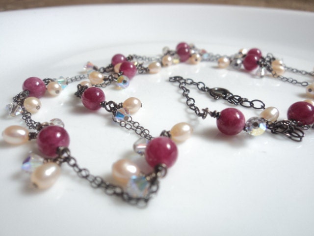 SALE Pink quartz, peach freshwater pearl, swarovski crystal, and oxidized sterling silver necklace.