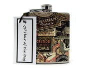 Vintage Hotel Luggage Labels Hip Liquor Flask 6 or 8 oz