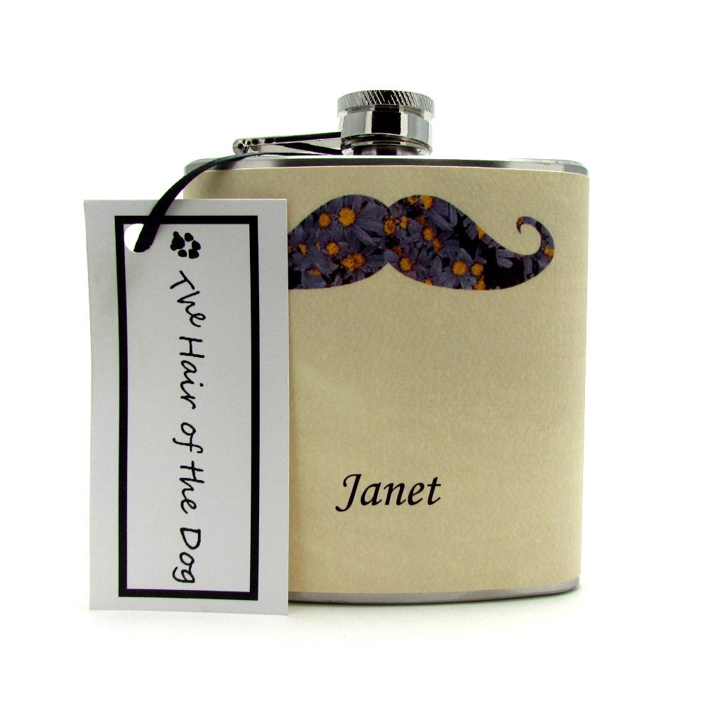 Blue Daisy Mustache Flask 6 or 8 oz Birthday Wedding