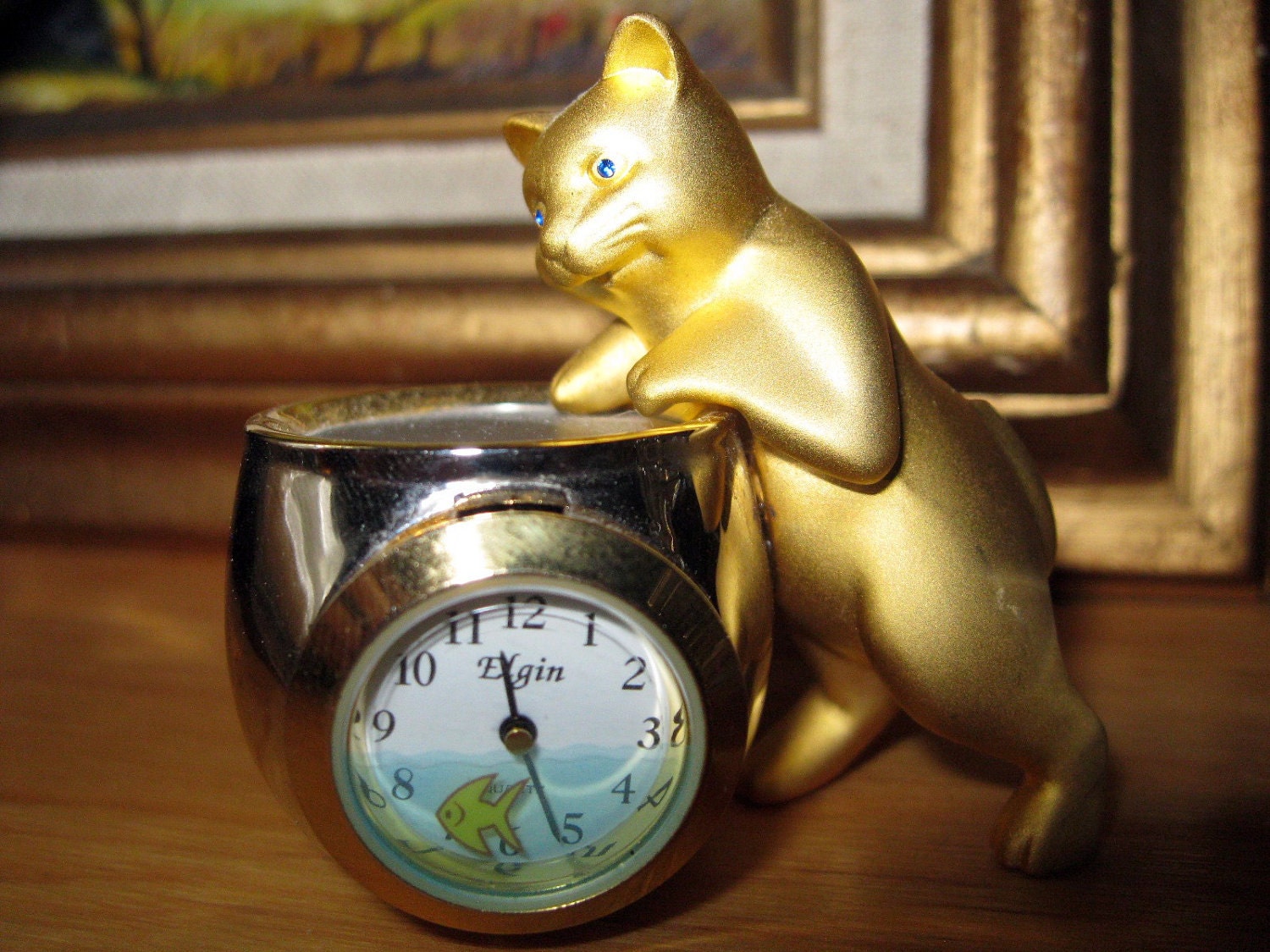 Whimsical Elgin Mini Clock of a Cat in a Fishbowl by bethanyg13